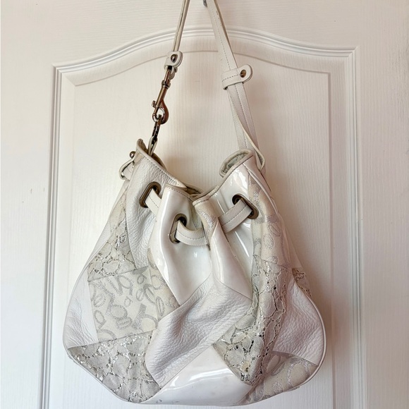 Bebe White Leather Mixed Media Bag GUC Y2K leather patent lace silver hardware - Picture 8 of 9